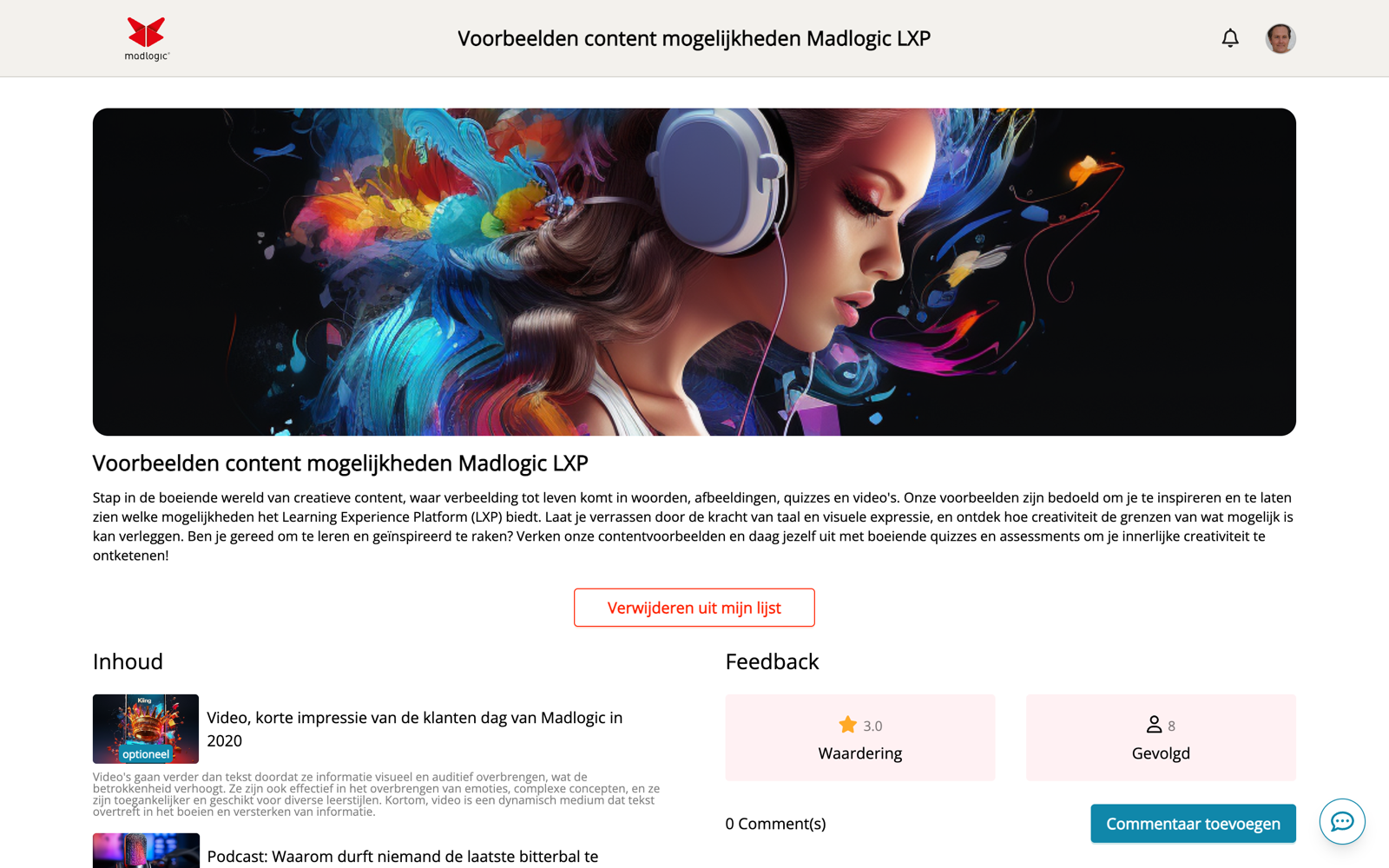 MLXP-cursusdetail met omslagafbeelding, beschrijving, lesinhoud en een feedbackpaneel