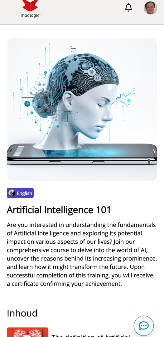MLXP-cursusdetail op mobiel — Artificial Intelligence 101, met een omslagafbeelding, beschrijving en lesinhoud