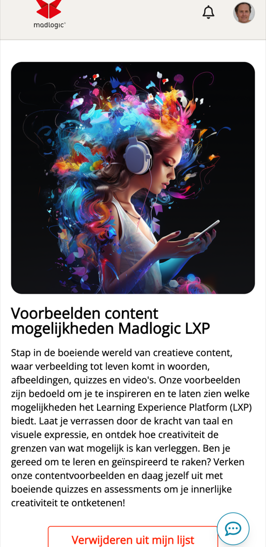 MLXP-cursusdetail op mobiel — Voorbeelden content mogelijkheden Madlogic LXP, met een creatieve omslagafbeelding en beschrijving